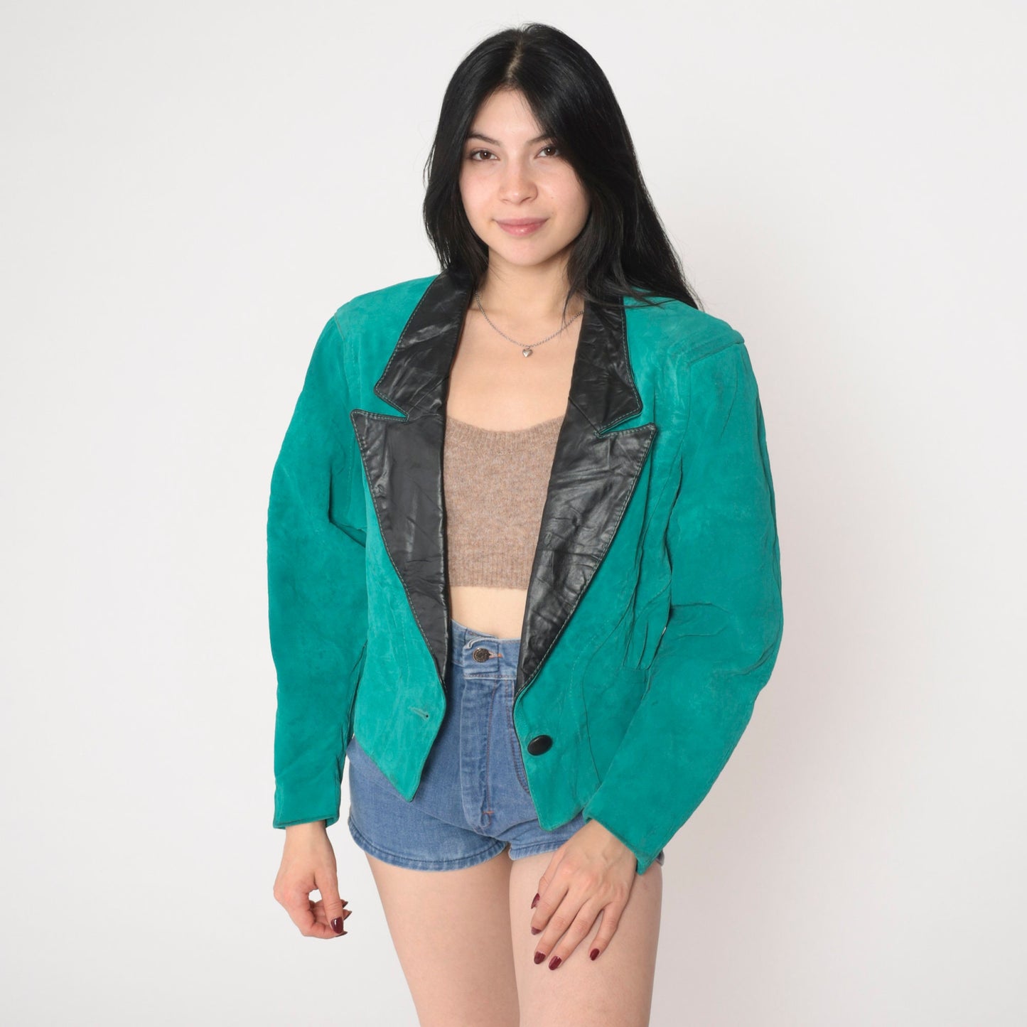 90s Teal Suede Blazer Black Leather Collar Single Button Medium M