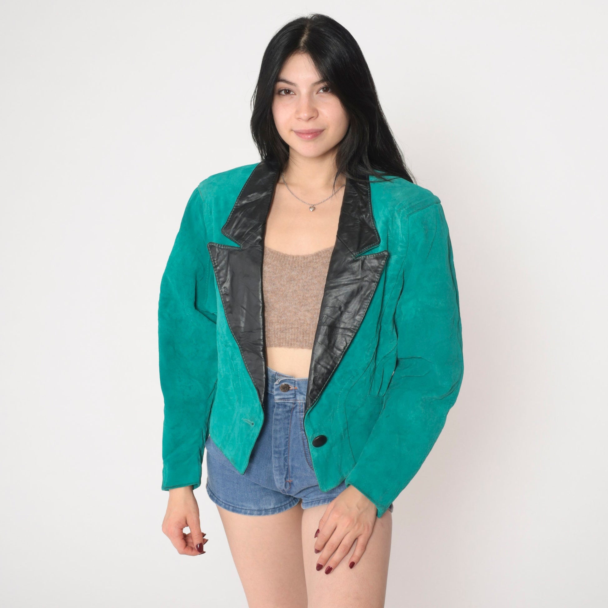 90s Teal Suede Blazer Black Leather Collar Single Button Medium M