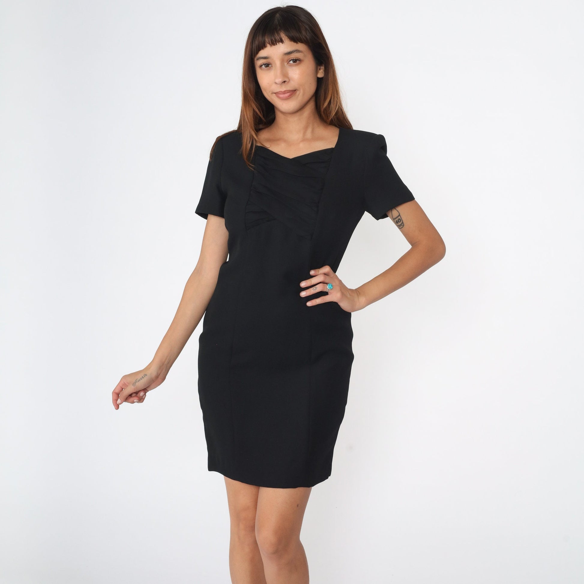 Y2K Black Mini Shift Dress Criss-Cross Bodice Short Sleeve Small 4P