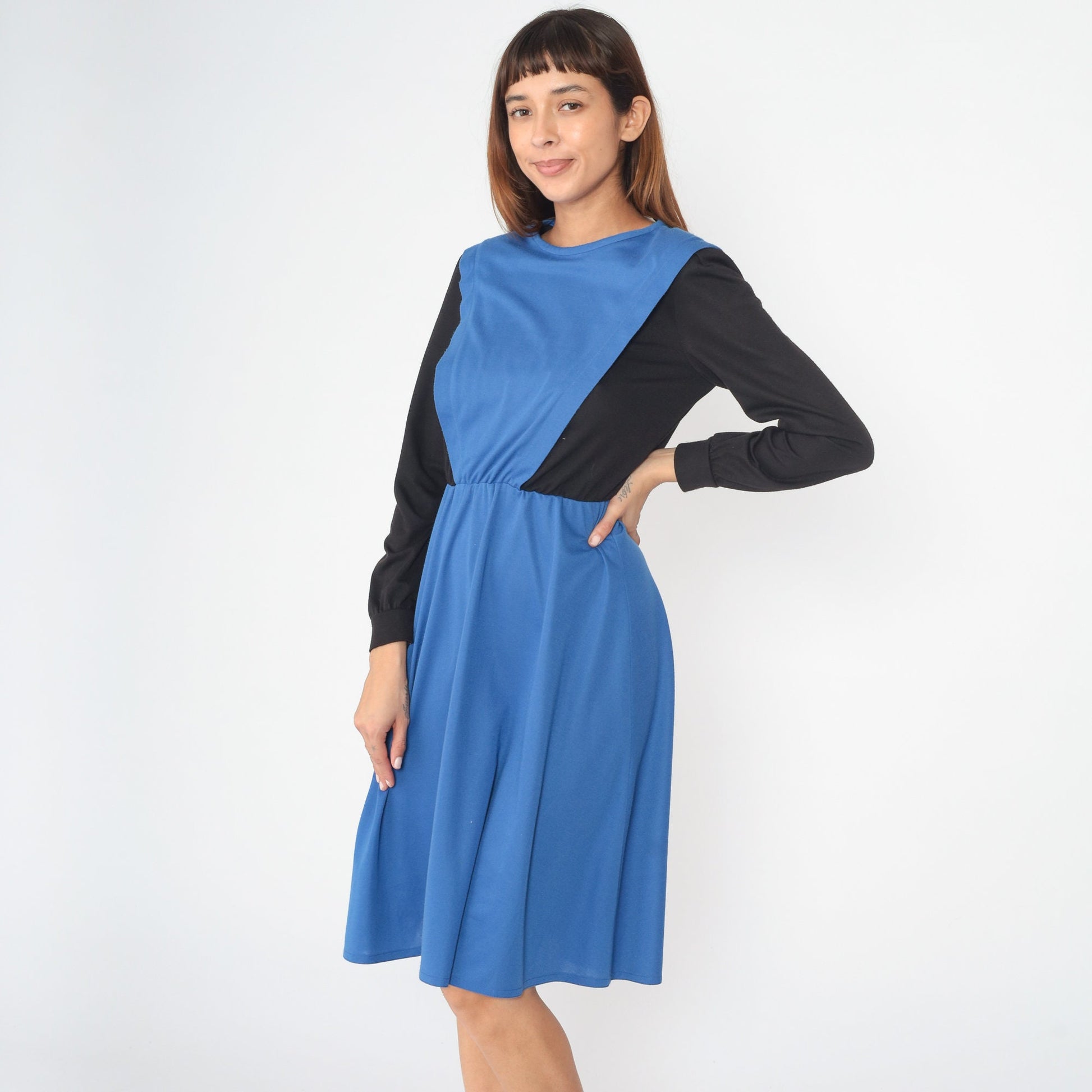 80s Color Block Midi Dress Black Blue High Waist Long Sleeve Small