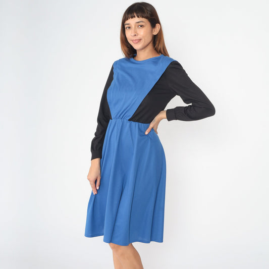 80s Color Block Midi Dress Black Blue High Waist Long Sleeve Small