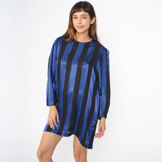 80s Shiny Blue Black Striped Shift Dress Puff Sleeve Side Buttons Large