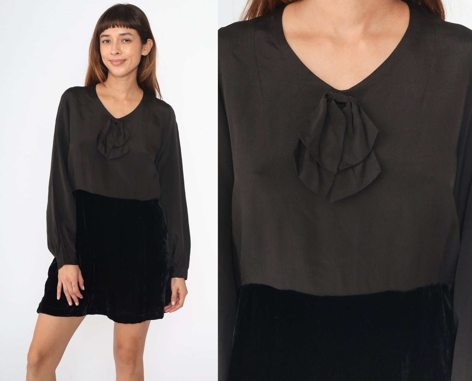 1940s Black Velvet Bow Neck Dress Long Sleeve Mini Medium