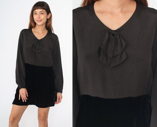 1940s Black Velvet Bow Neck Dress Long Sleeve Mini Medium