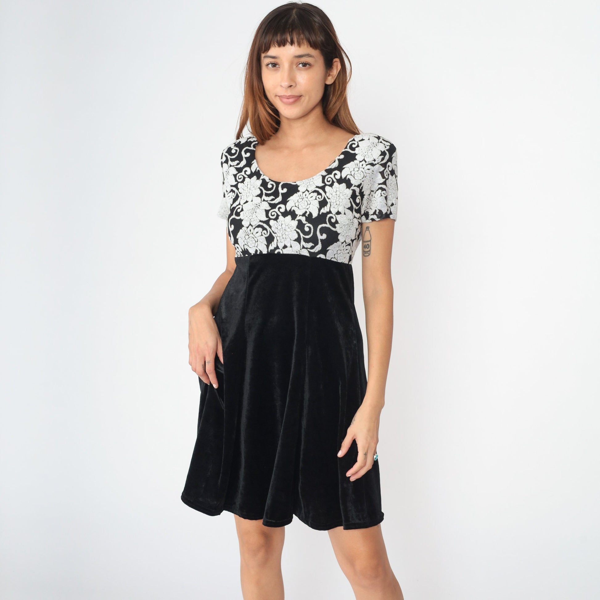 90s Molly Malloy Floral Velvet Mini Dress Black White Empire Waist Small Medium