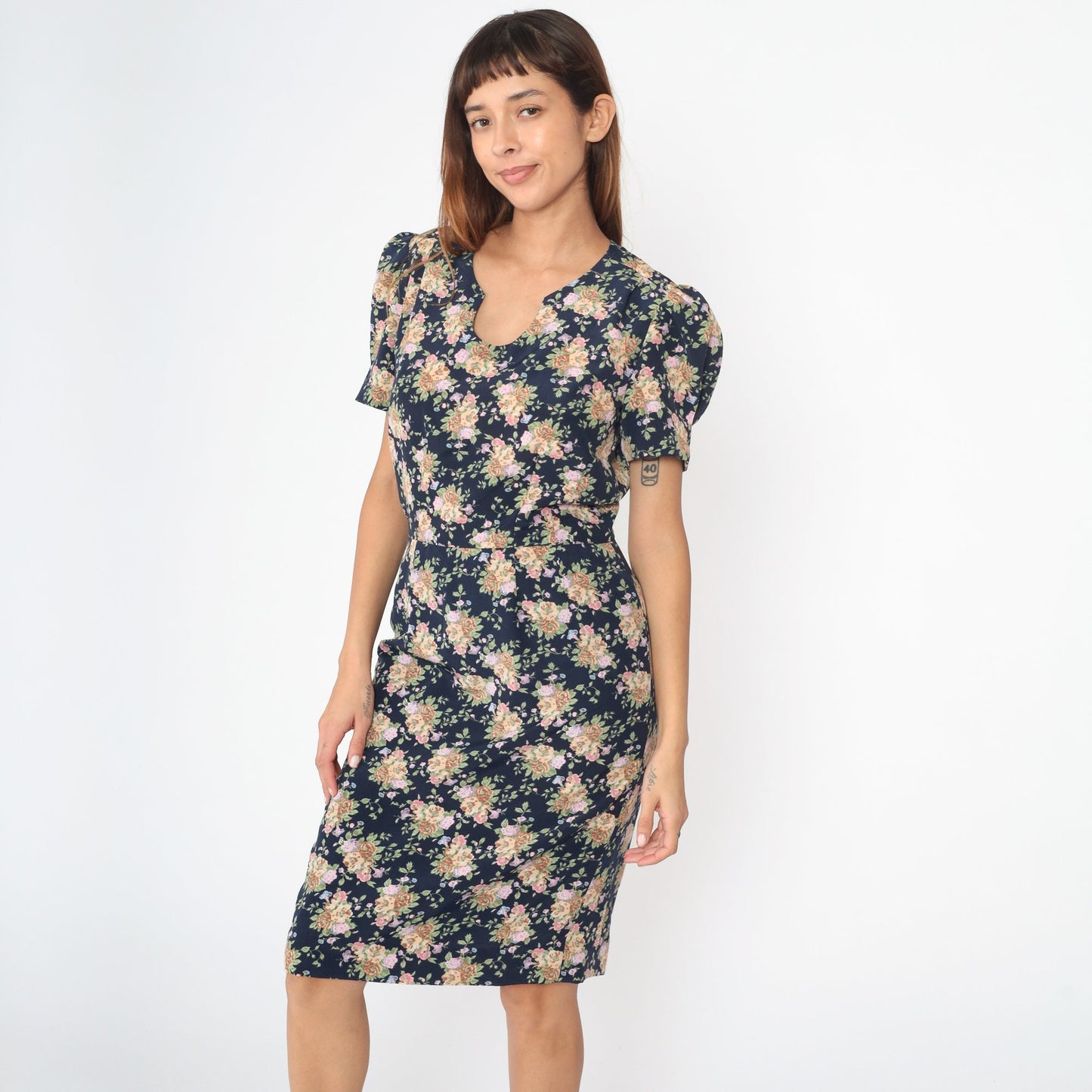 80s Navy Floral Puff Sleeve Dress U-Neck Sheath Midi Medium 8