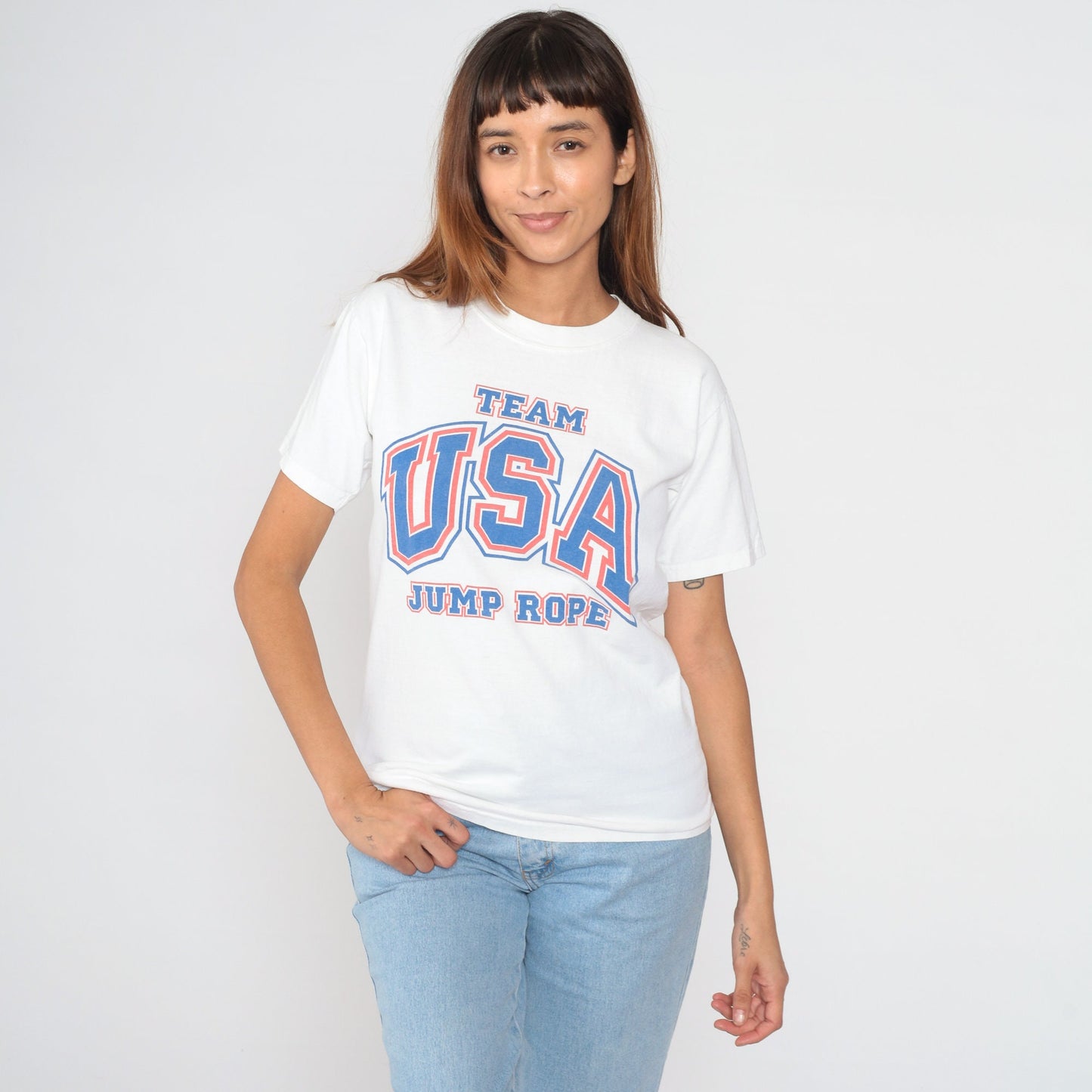 Y2K Team USA Jump Rope Graphic T-Shirt White Cotton Small