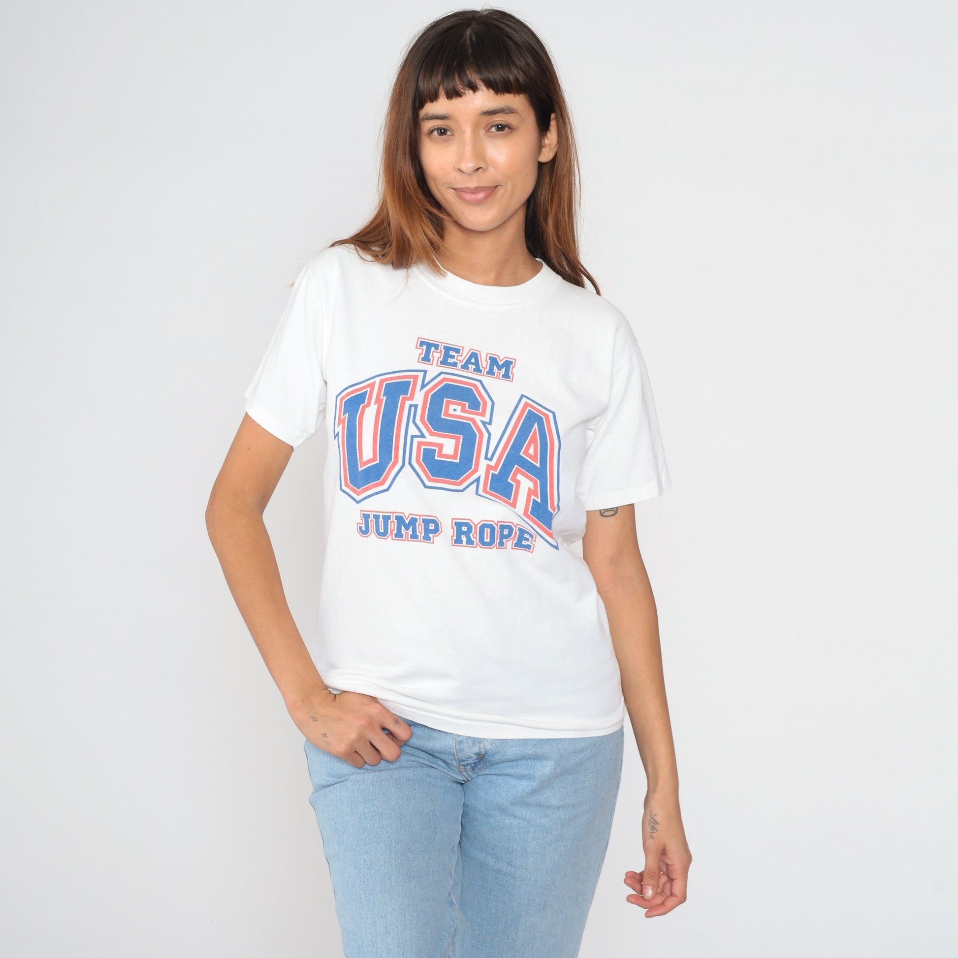 Y2K Team USA Jump Rope Graphic T-Shirt White Cotton Small