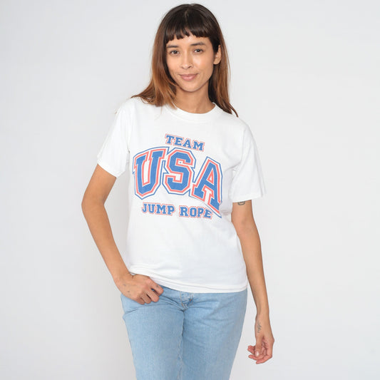 Y2K Team USA Jump Rope Graphic T-Shirt White Cotton Small