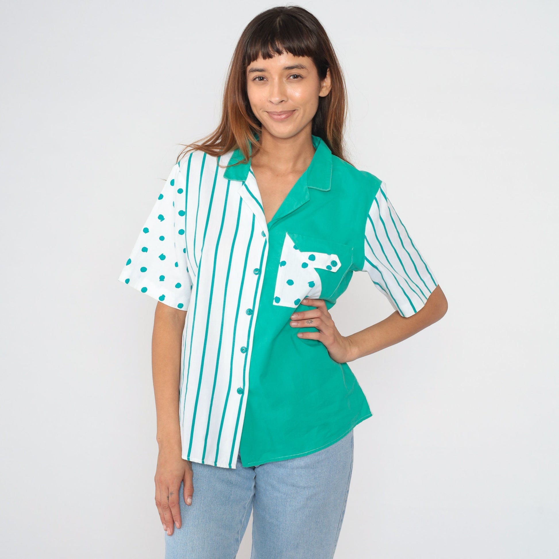90s Colour Block Button-Up Blouse White Green Polka Dot Stripe Cotton Large L