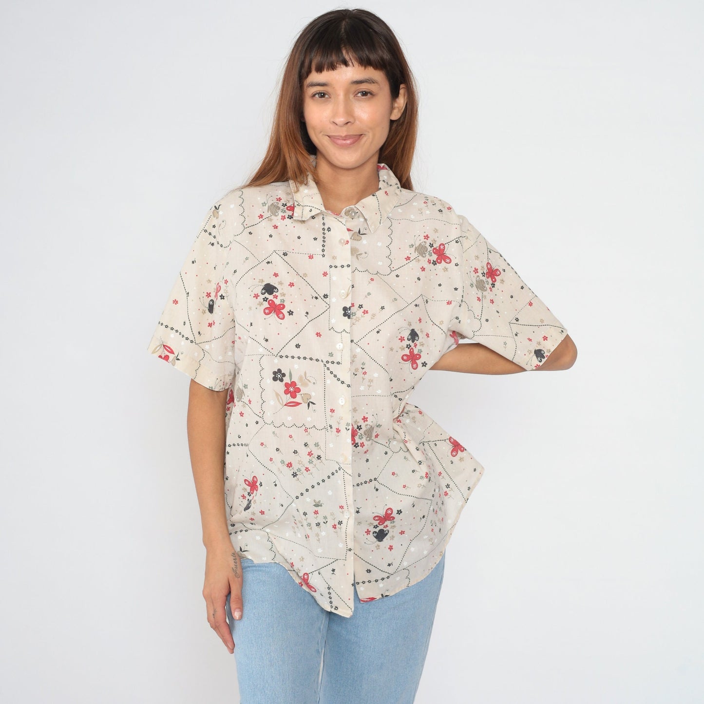 90s Floral Butterfly Button-Up Blouse Short Sleeve Cotton Shirt Extra Large XXL