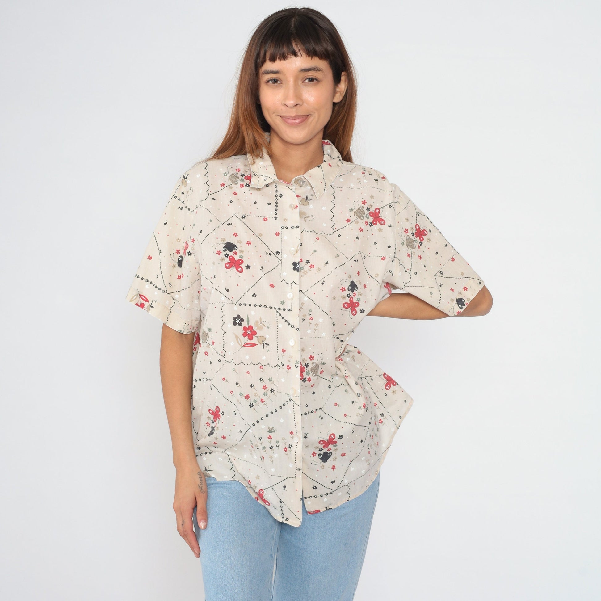 90s Floral Butterfly Button-Up Blouse Short Sleeve Cotton Shirt Extra Large XXL
