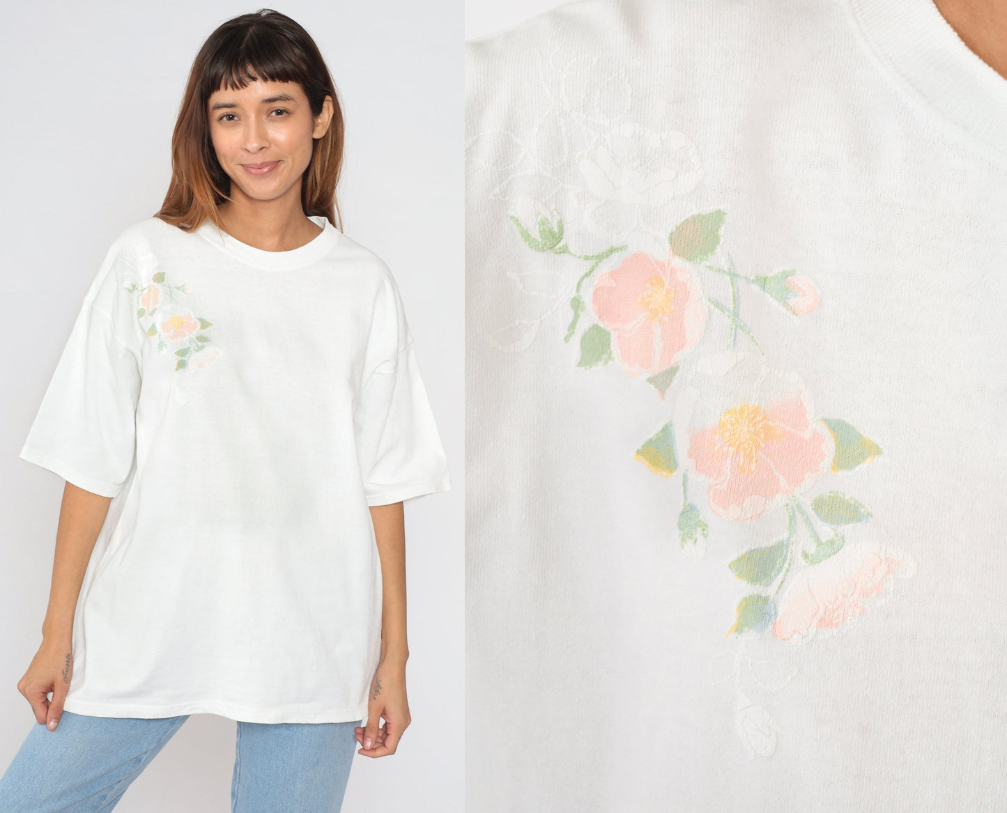 90s Lee White Floral Graphic T-Shirt Cotton Crewneck Large