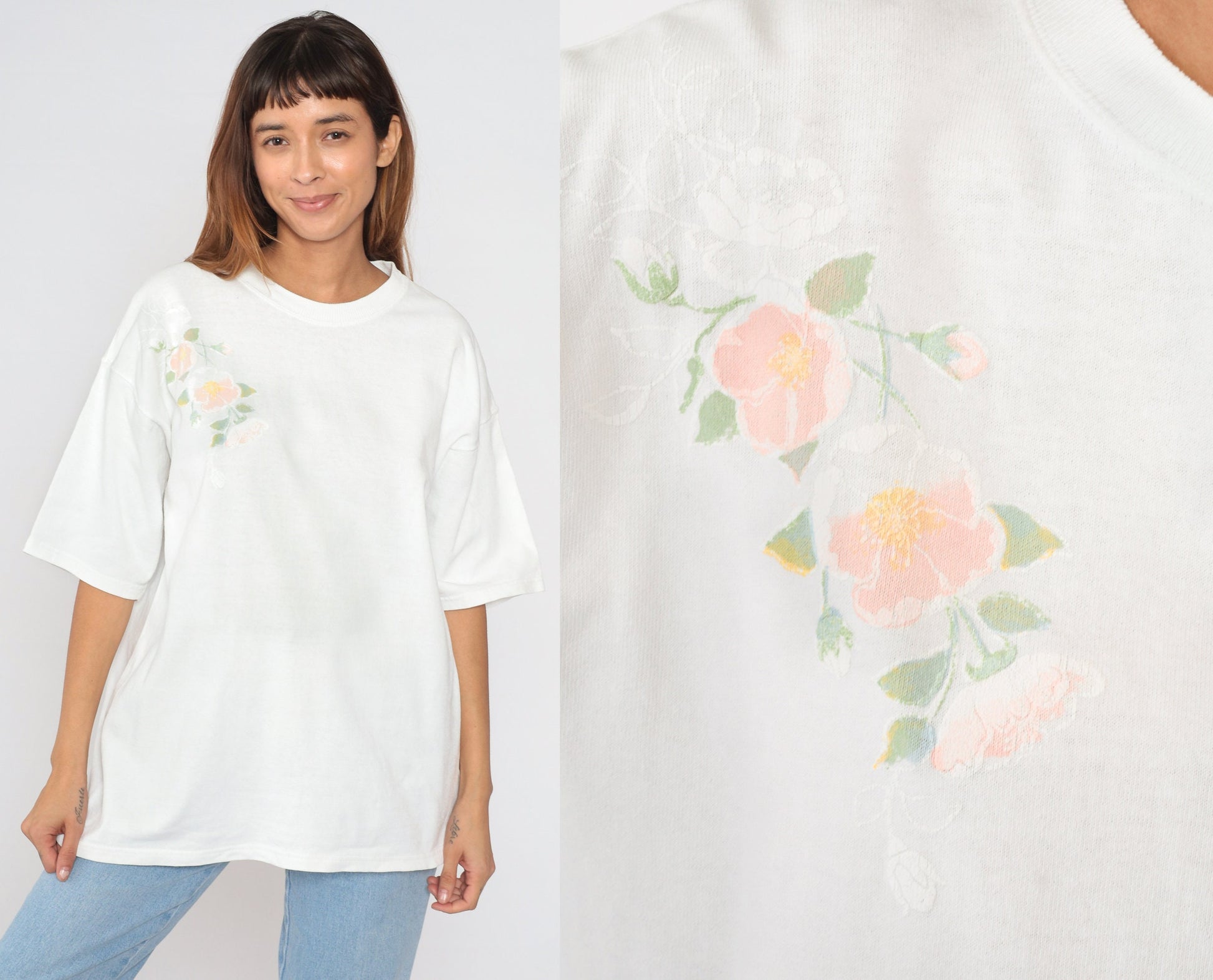 90s Lee White Floral Graphic T-Shirt Cotton Crewneck Large