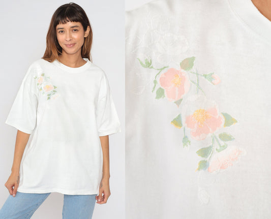 90s Lee White Floral Graphic T-Shirt Cotton Crewneck Large