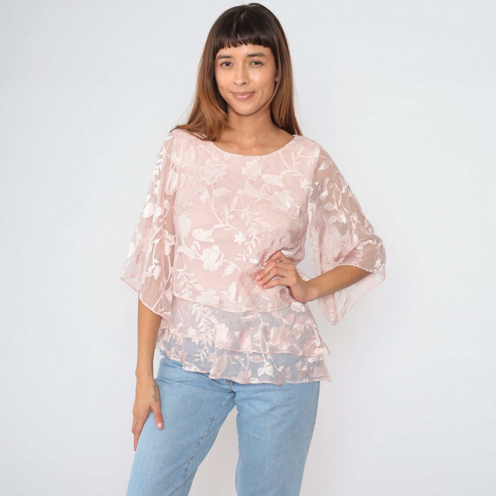 Y2K Pink Floral Blouse Alex Evenings Sparkly Wide Sleeve Small