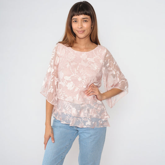 Y2K Pink Floral Blouse Alex Evenings Sparkly Wide Sleeve Small