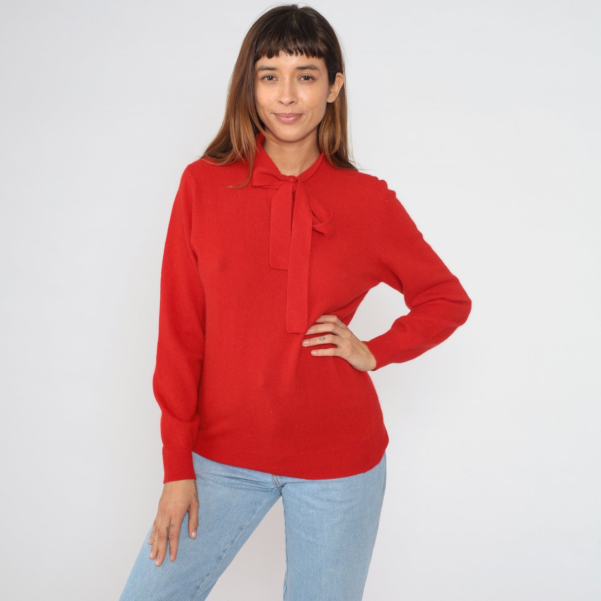 90s Halston Red Wool Angora Blend Sweater Bow Tie Neckline Medium M