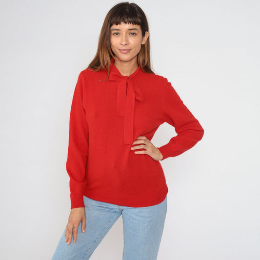 90s Halston Red Wool Angora Blend Sweater Bow Tie Neckline Medium M