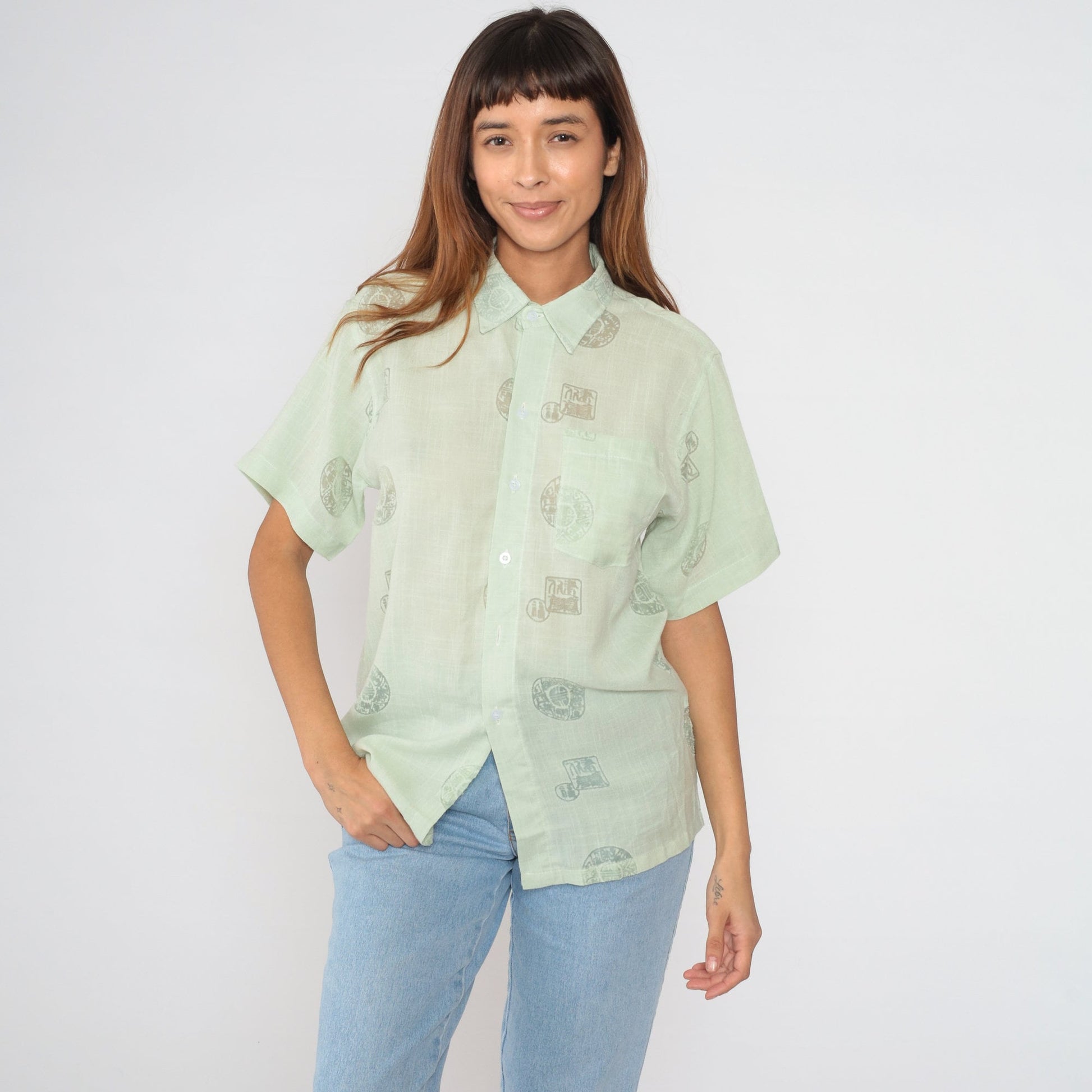 90s Quiksilver Medallion Print Button-Up Shirt Green Semi-Sheer Large L