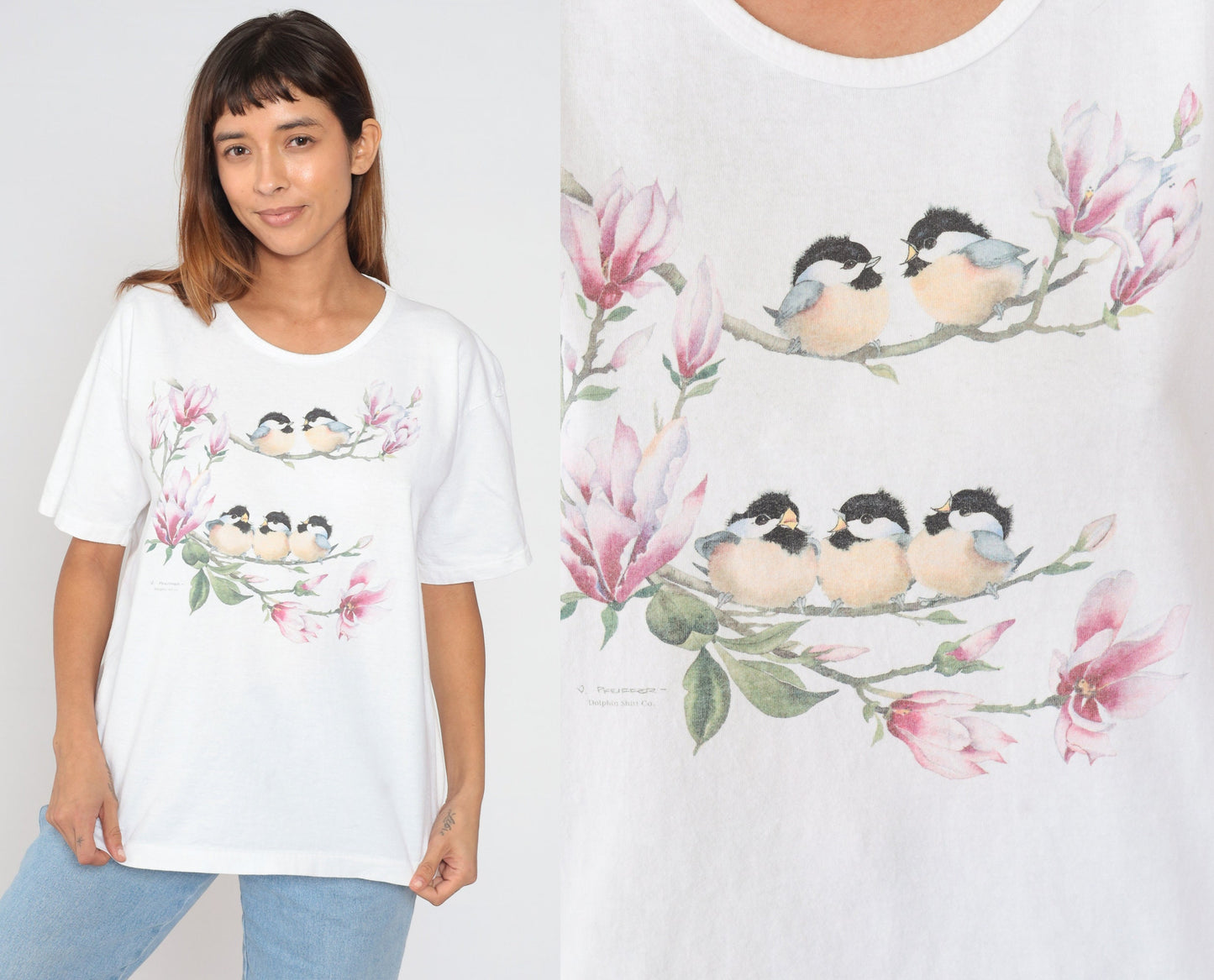 90s Floral Bird Graphic T-Shirt White Cotton Single Stitch Extra Large XL