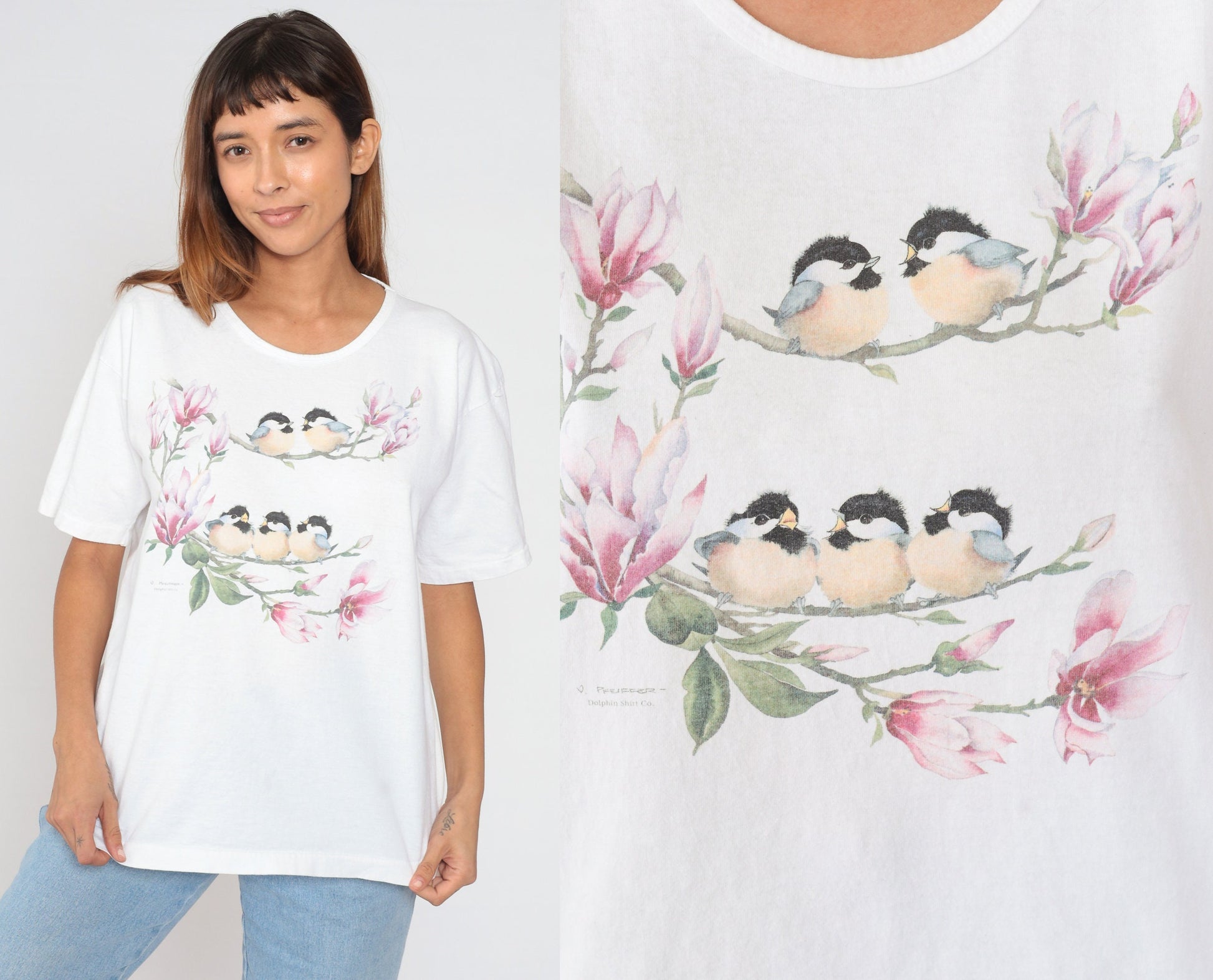 90s Floral Bird Graphic T-Shirt White Cotton Single Stitch Extra Large XL
