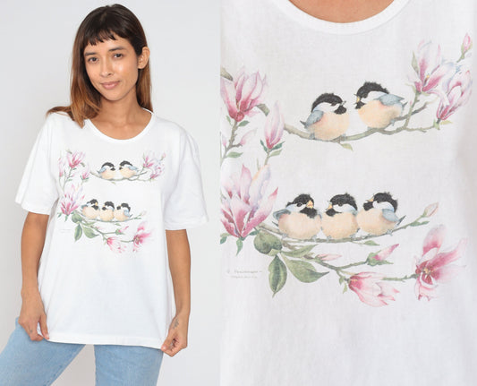90s Floral Bird Graphic T-Shirt White Cotton Single Stitch Extra Large XL