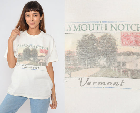 00s Plymouth Notch Vermont Graphic T-Shirt Off-White Cotton Tee Large L