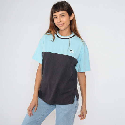 90s Colorblock Ringer Tee Embroidered Floral Blue Black Medium