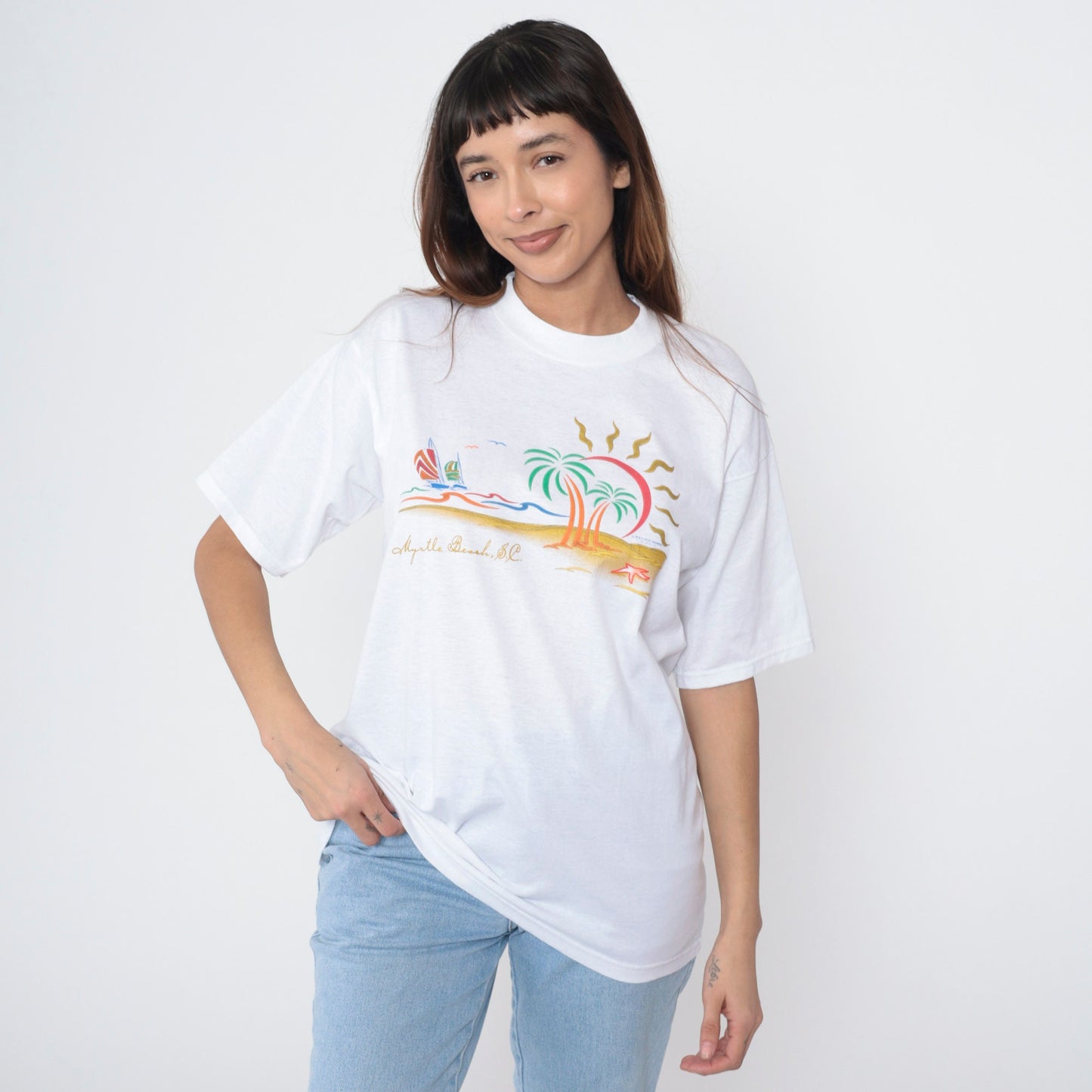 00s Myrtle Beach South Carolina Sailboat Graphic T-Shirt White Cotton Large