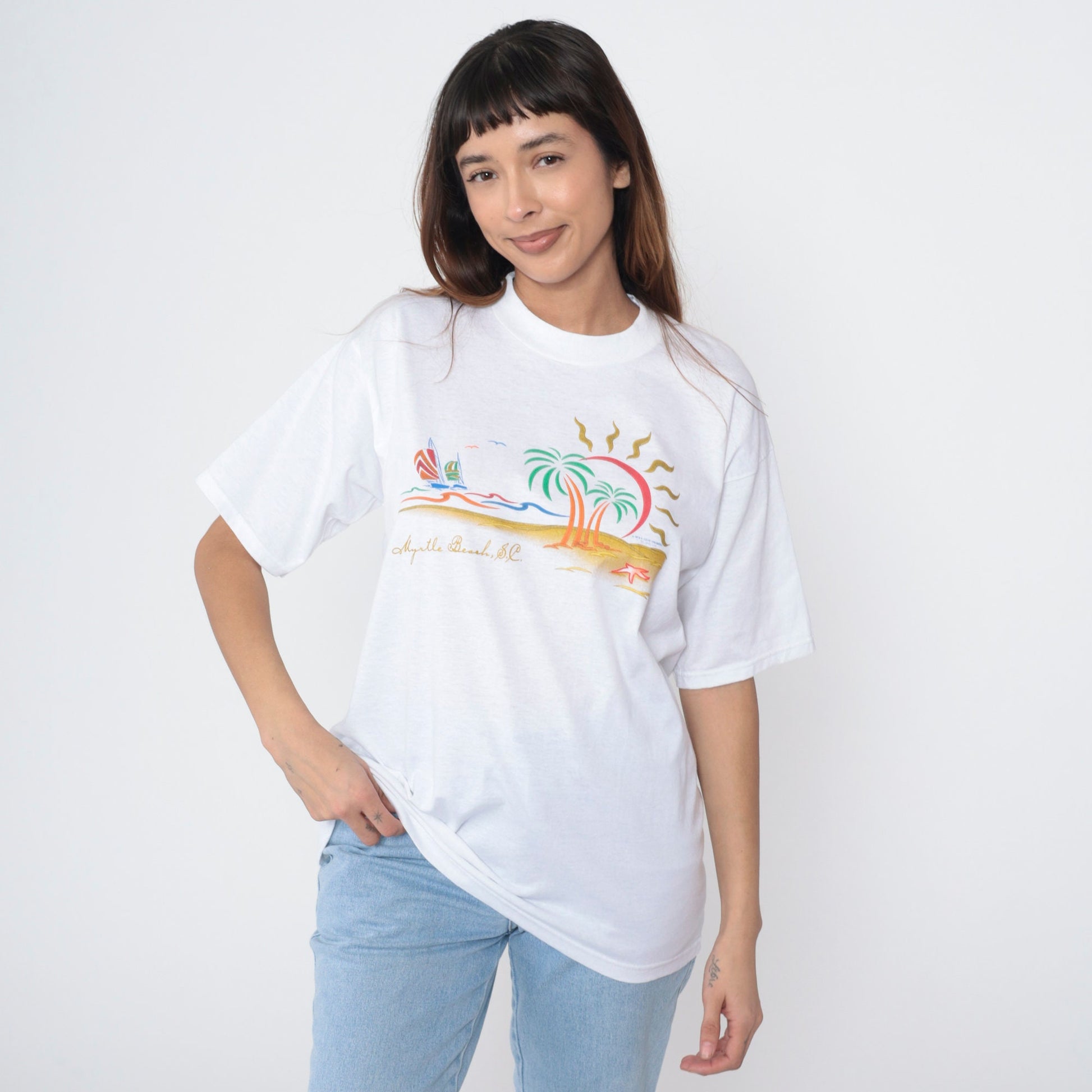 00s Myrtle Beach South Carolina Sailboat Graphic T-Shirt White Cotton Large