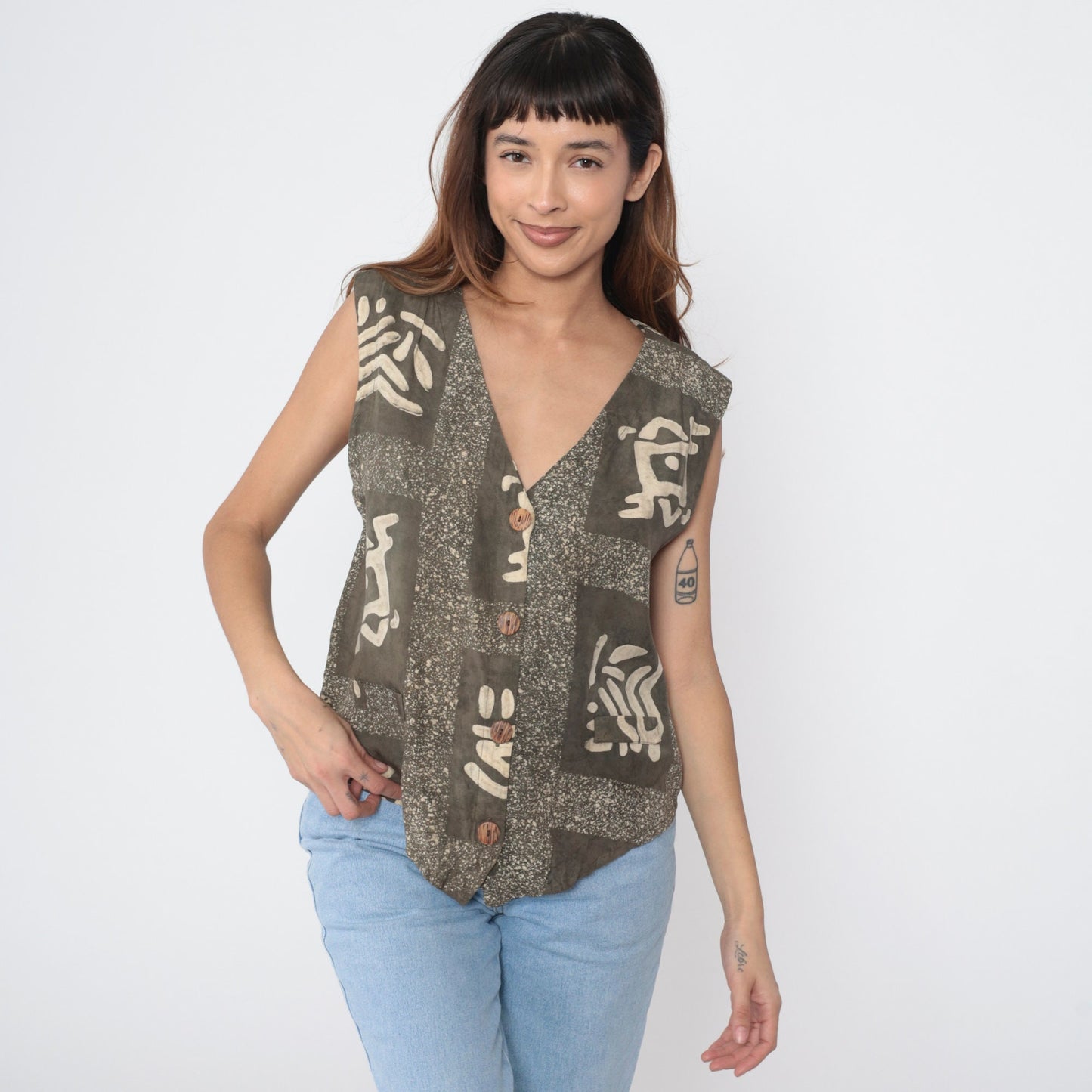 Y2K Petroglyph Print Vest Brown Rayon V-Neck Button-Up Sleeveless Large L