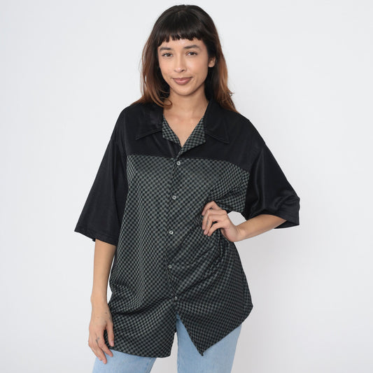 Y2K Black Checkered Button Up Shirt Short Sleeve Men's Extra Large XXL