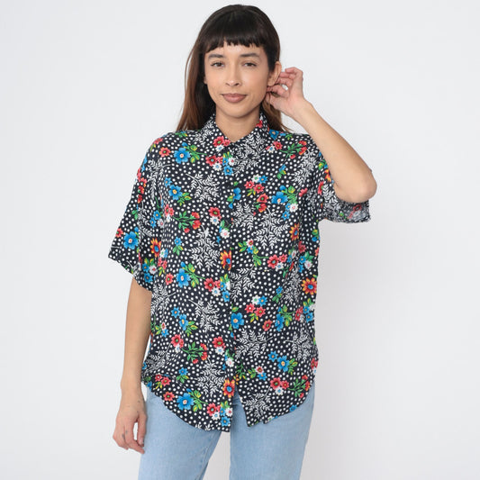 90s Floral Polka Dot Button-Up Blouse Black Rayon Short Sleeve Large L