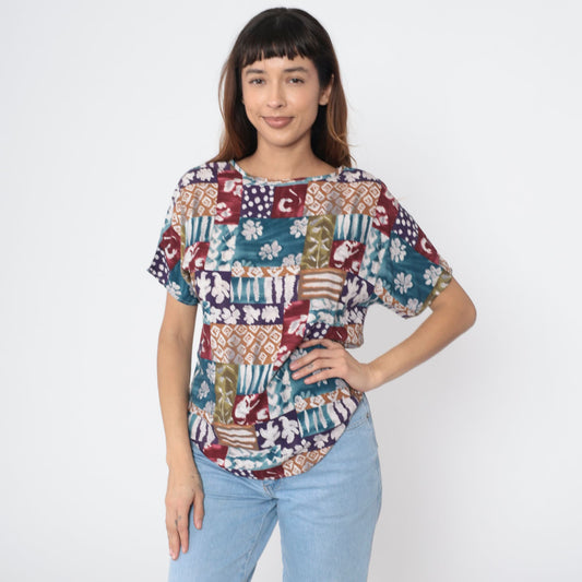 90s Patchwork Floral Geometric Short Sleeve Blouse Blue Burgundy Medium