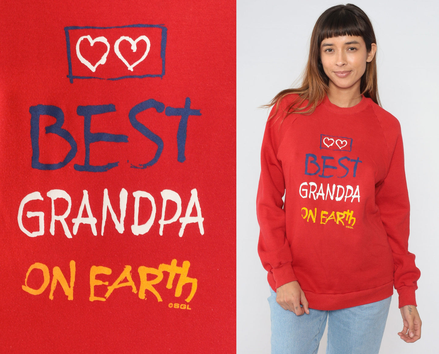 80s Best Grandpa On Earth Raglan Sweatshirt Red Graphic Crewneck Extra Large XXL