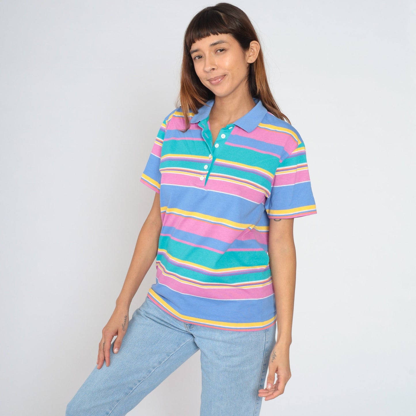 90s Jantzen Striped Polo Shirt Multicolour Half-Button Collared Tee Medium M
