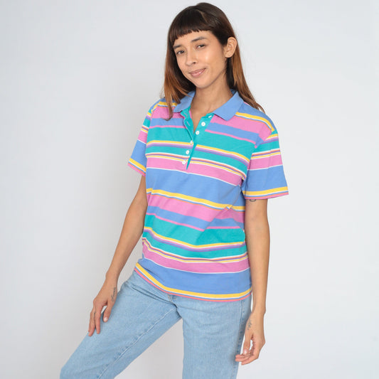 90s Jantzen Striped Polo Shirt Multicolour Half-Button Collared Tee Medium M