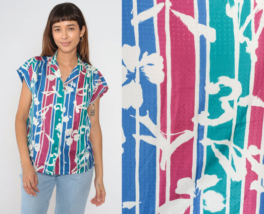 90s Tanjay Striped Floral Button-Up Blouse Cap Sleeve Multicolor Medium