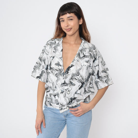 90s Marbled Swirl Button-Up Blouse Black White Deep V-Neck Short Sleeve Medium M