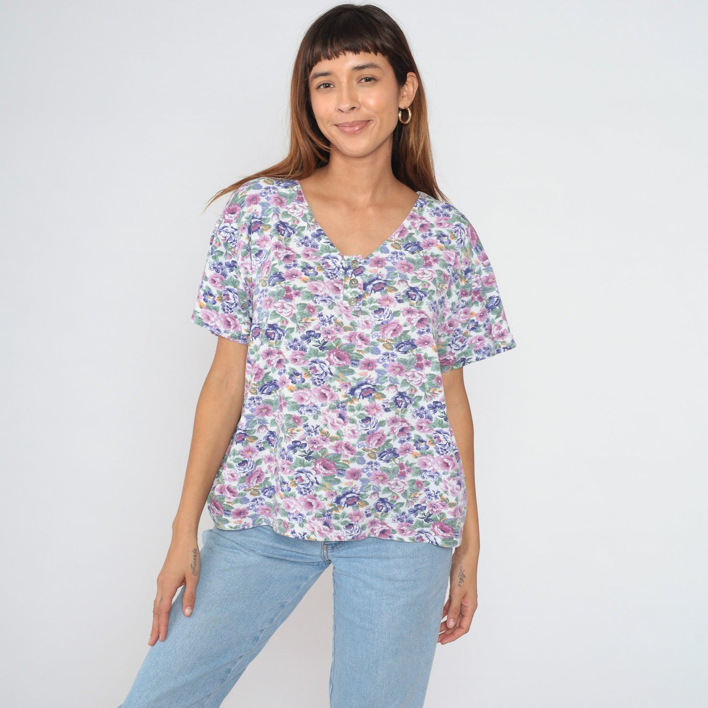 90s Floral Henley Shirt White Rose Print Short Sleeve Half Button Top Large L