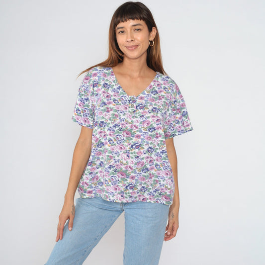 90s Floral Henley Shirt White Rose Print Short Sleeve Half Button Top Large L