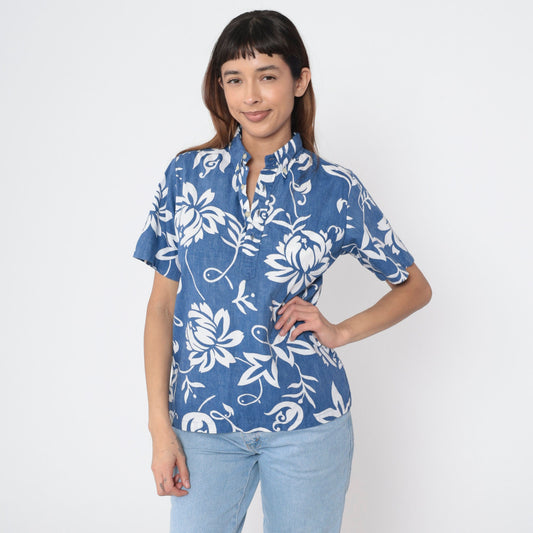 00s Blue Floral Tropical Cotton Button-Up Shirt Short Sleeve Extra Small