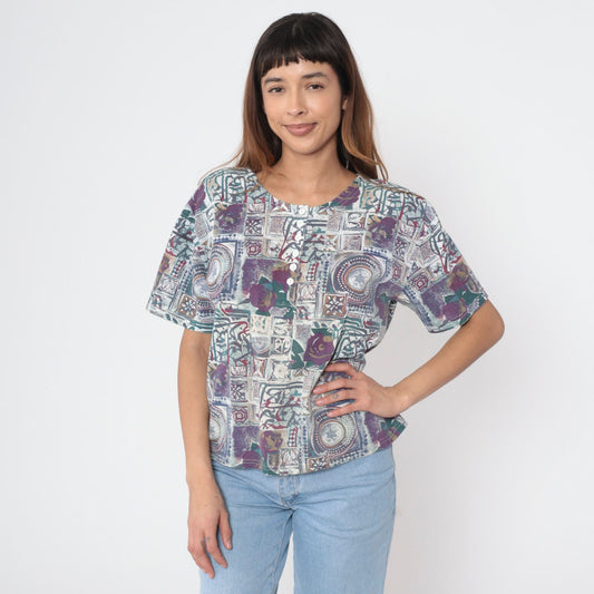 90s Purple Floral Mandala Henley Shirt Short Sleeve Button Up Large L