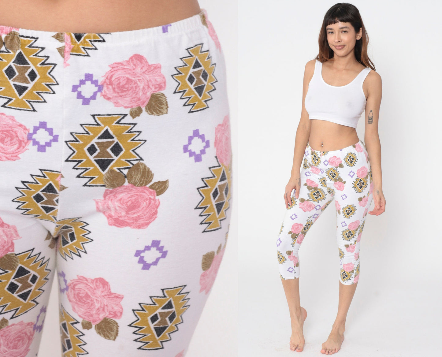 90s Floral Southwestern Capri Leggings White Pink Rose High Waist Extra Small