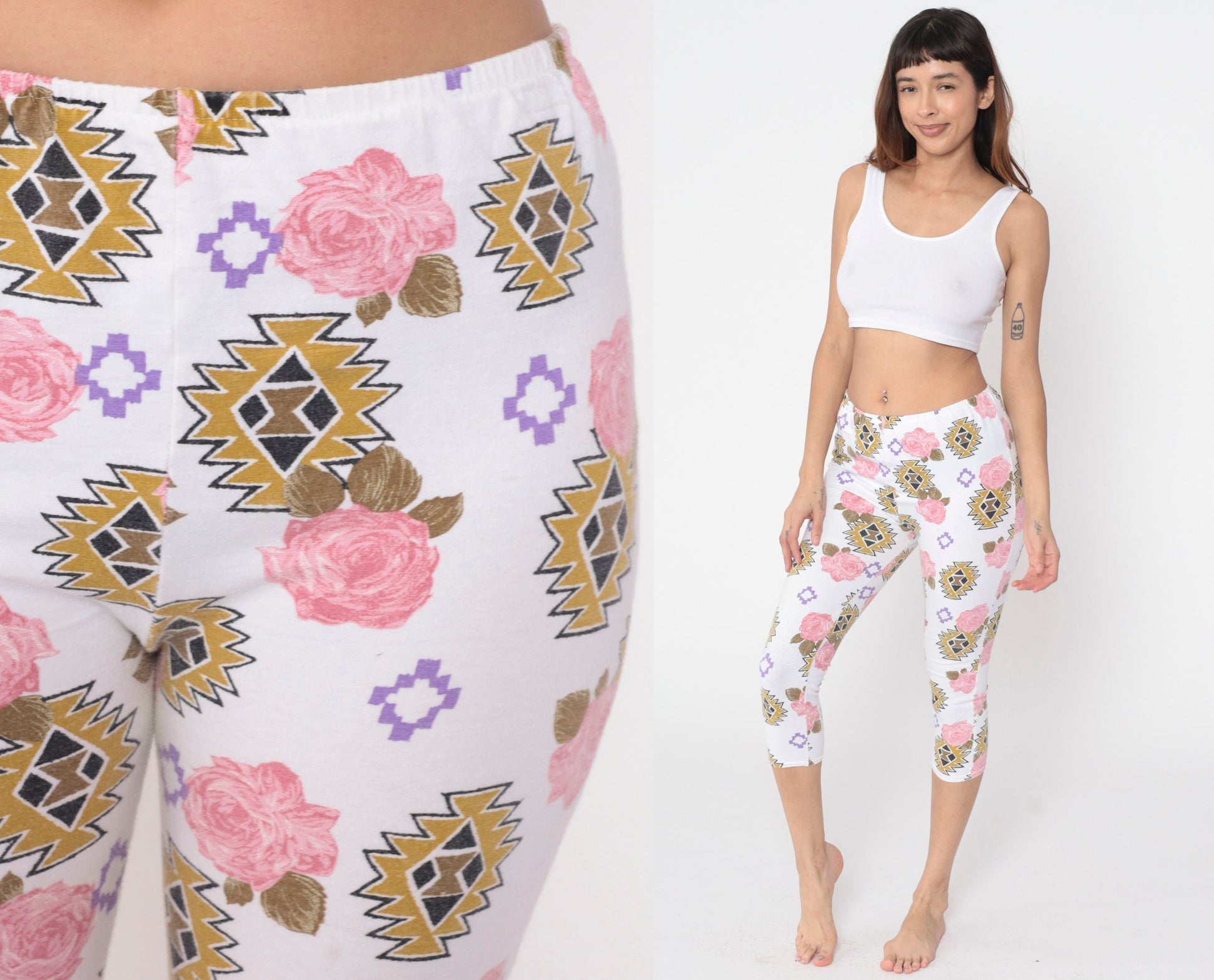 90s Floral Southwestern Capri Leggings White Pink Rose High Waist Extra Small