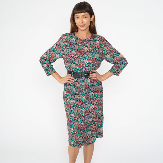 80s Katie Petites Floral Midi Dress Long Sleeve Button Back Black Belt Small