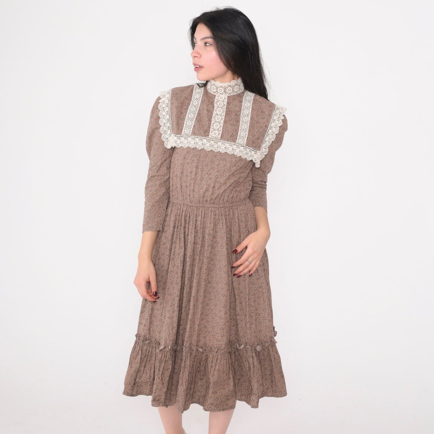 70s Jessica McClintock Floral Prairie Midi Dress Cocoa Brown Lace Bib Extra Small