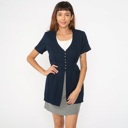 90s Navy Checkered Mini Dress with Attached Jacket Short Sleeve Medium