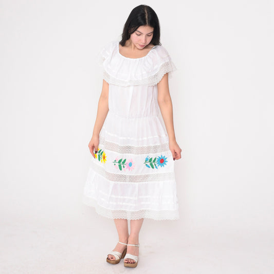 80s White Floral Embroidered Off-Shoulder Midi Dress Tiered Skirt Medium Large